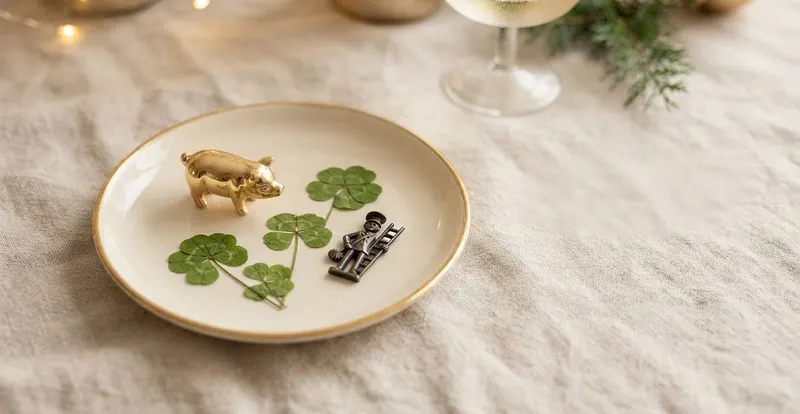 Porcelántányér arany szerencsemalac-figurával, négylevelű lóherével és kéményseprő talizmánnal